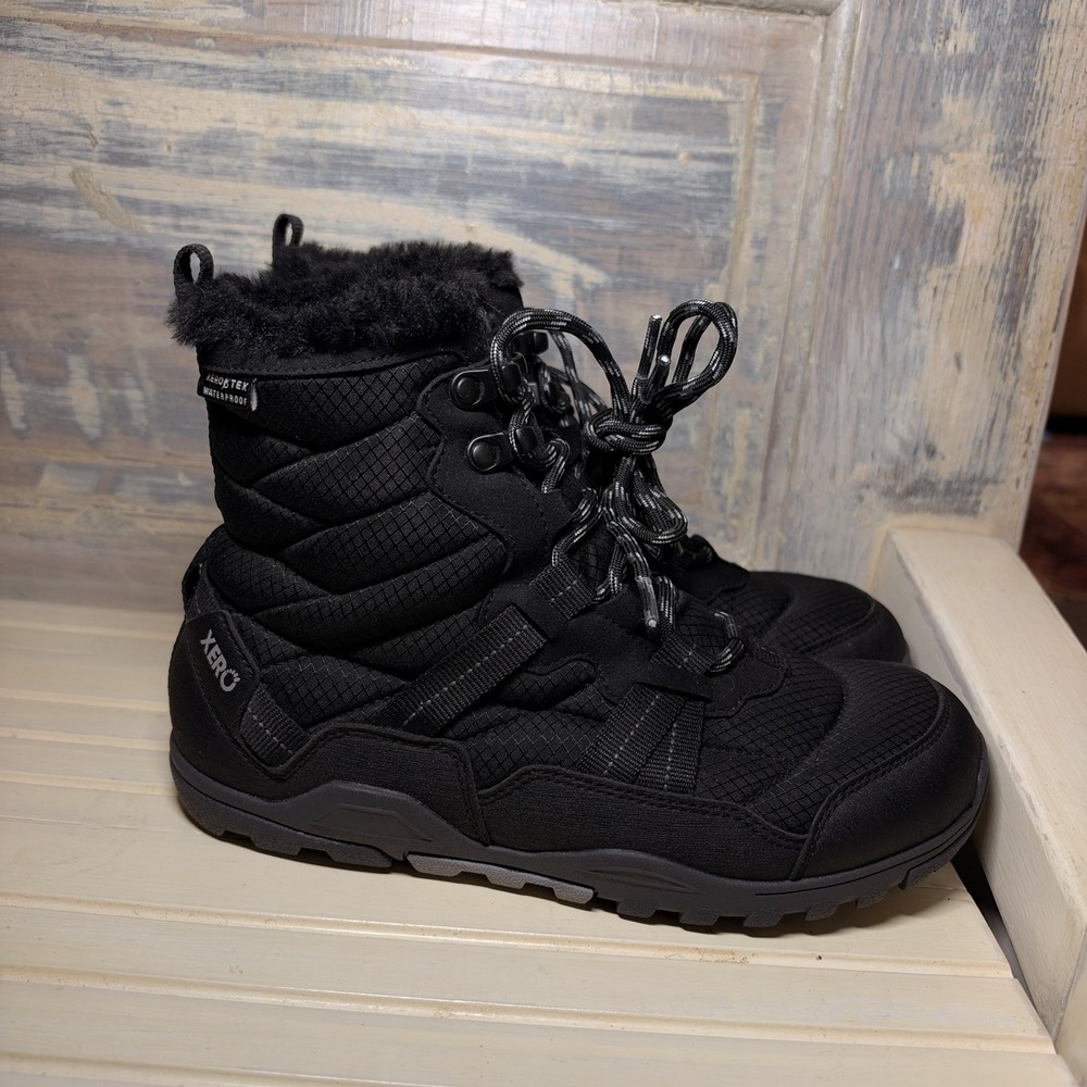 XERO SHOES Alpine Womens Size 7 Black Waterproof Snow Minimalist Faux Fur Boots
